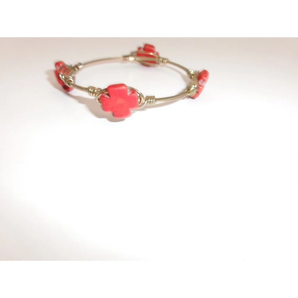 Red Maltese Cross Bourbon & Bowties Artisan Wired Gemstone Bracelet Unsigned